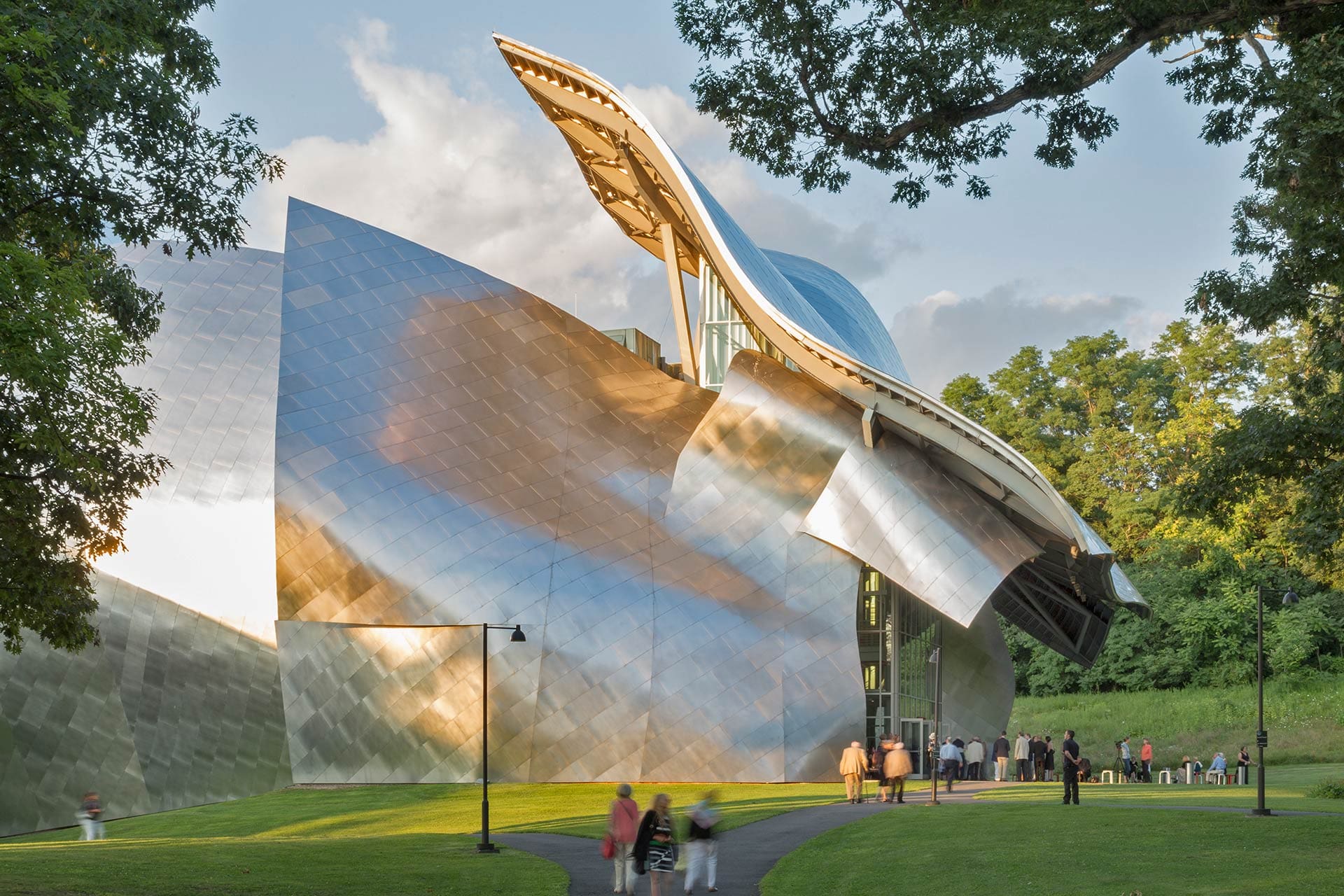 Photograph of the setting sun on the Fisher Center at Bard College.