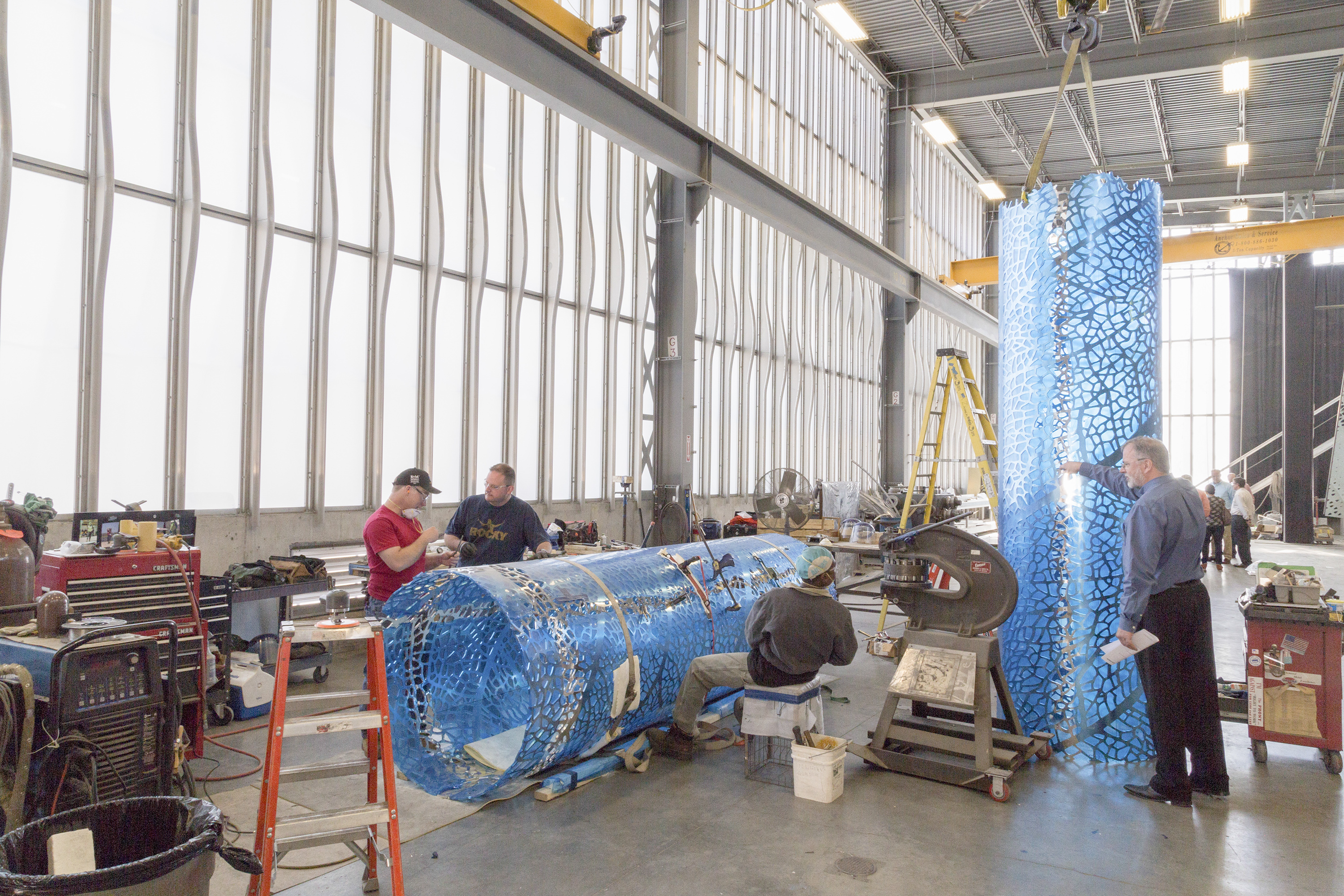 Zahner fabrication of the perforated aluminum column forms in Kansas City.