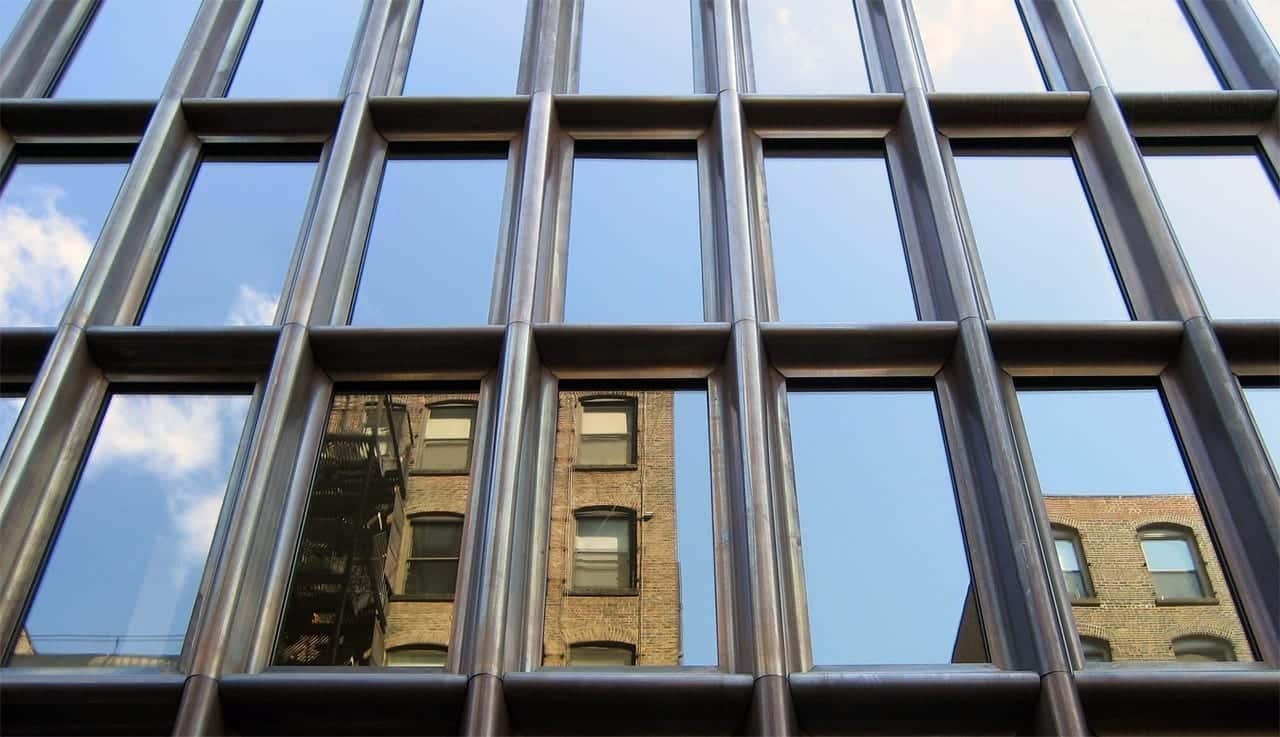 Patinated copper on the building's north elevation.