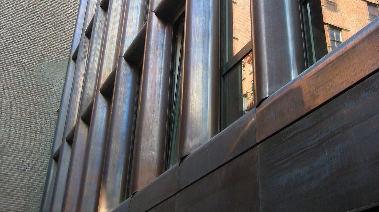 Patinated copper on the building's north elevation.