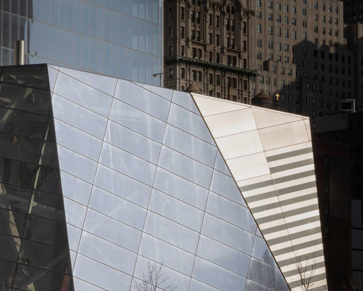 Detail of the National September 11 Memorial Museum Pavilion in NYC.