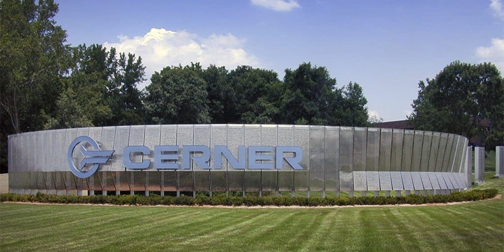 Cerner signage wall at the Cerner World Headquarters.