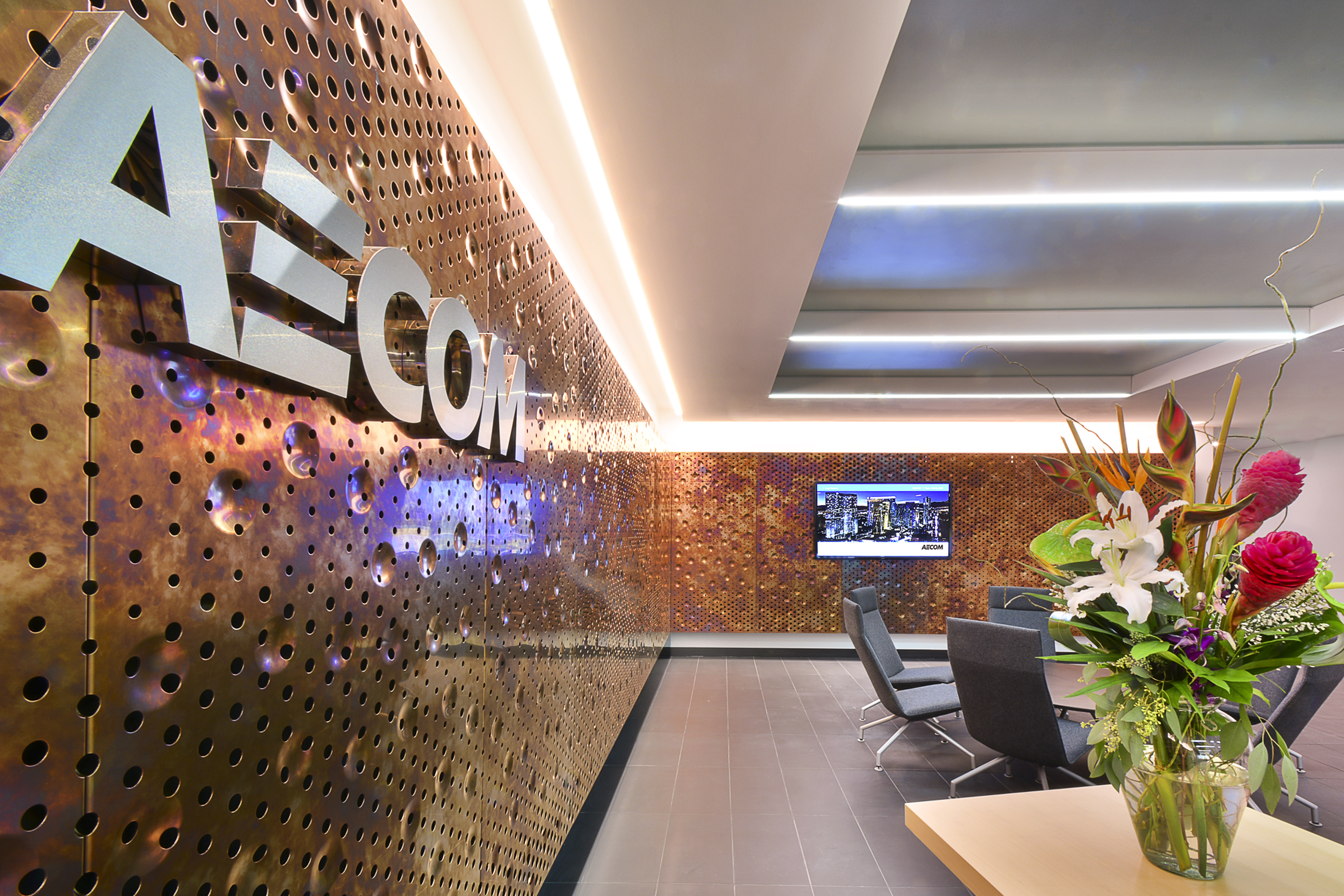 Detail of the AECOM Reception area interior metal panels