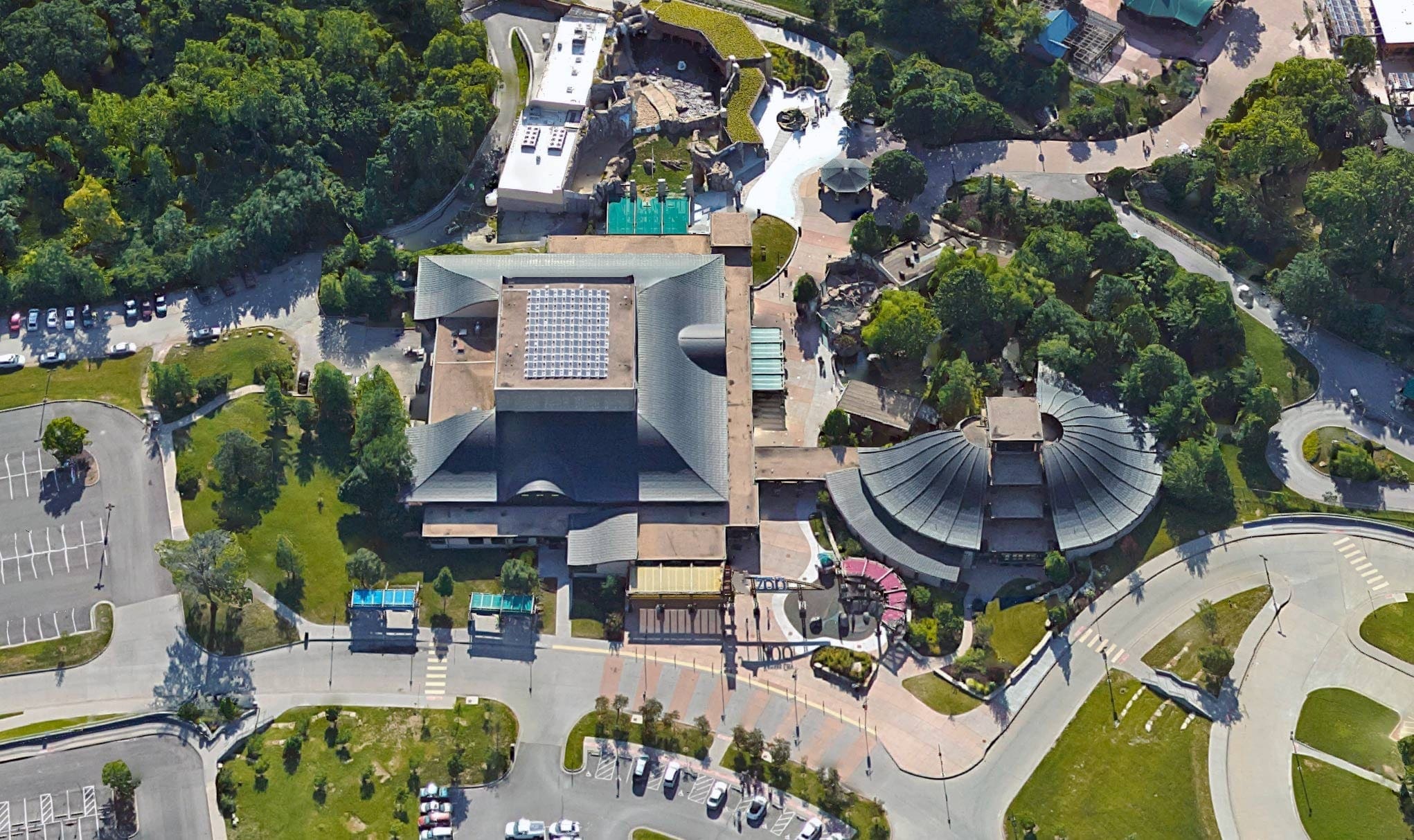Aerial imagery of the Deramus entrance pavilion at the Kansas City Zoo.