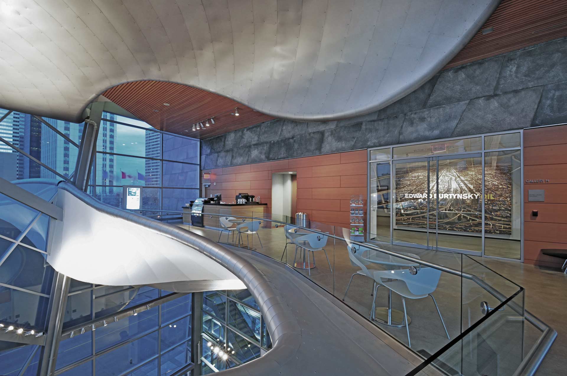 The curving borealis winds through the AGA Cafe.