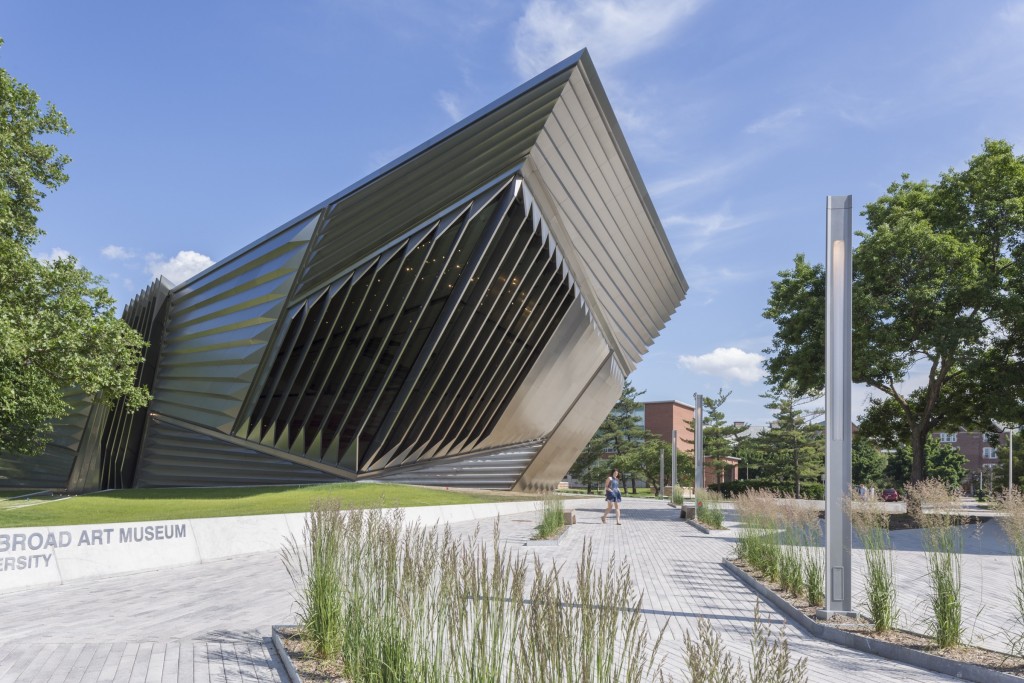 A detail of the perforated and folded metal origami of the Broad Museum.