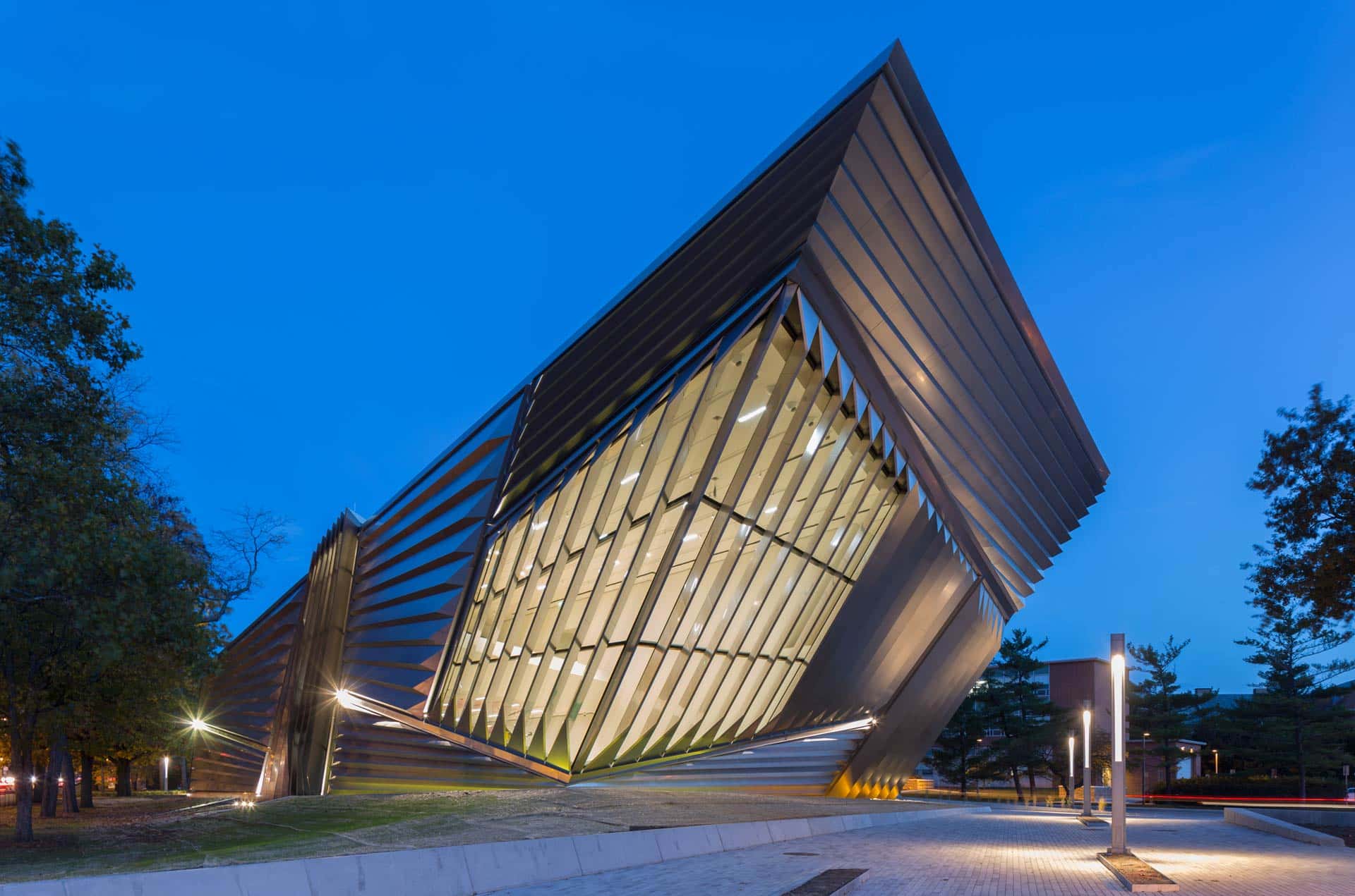 The Eli & Edythe Broad Museum at night.