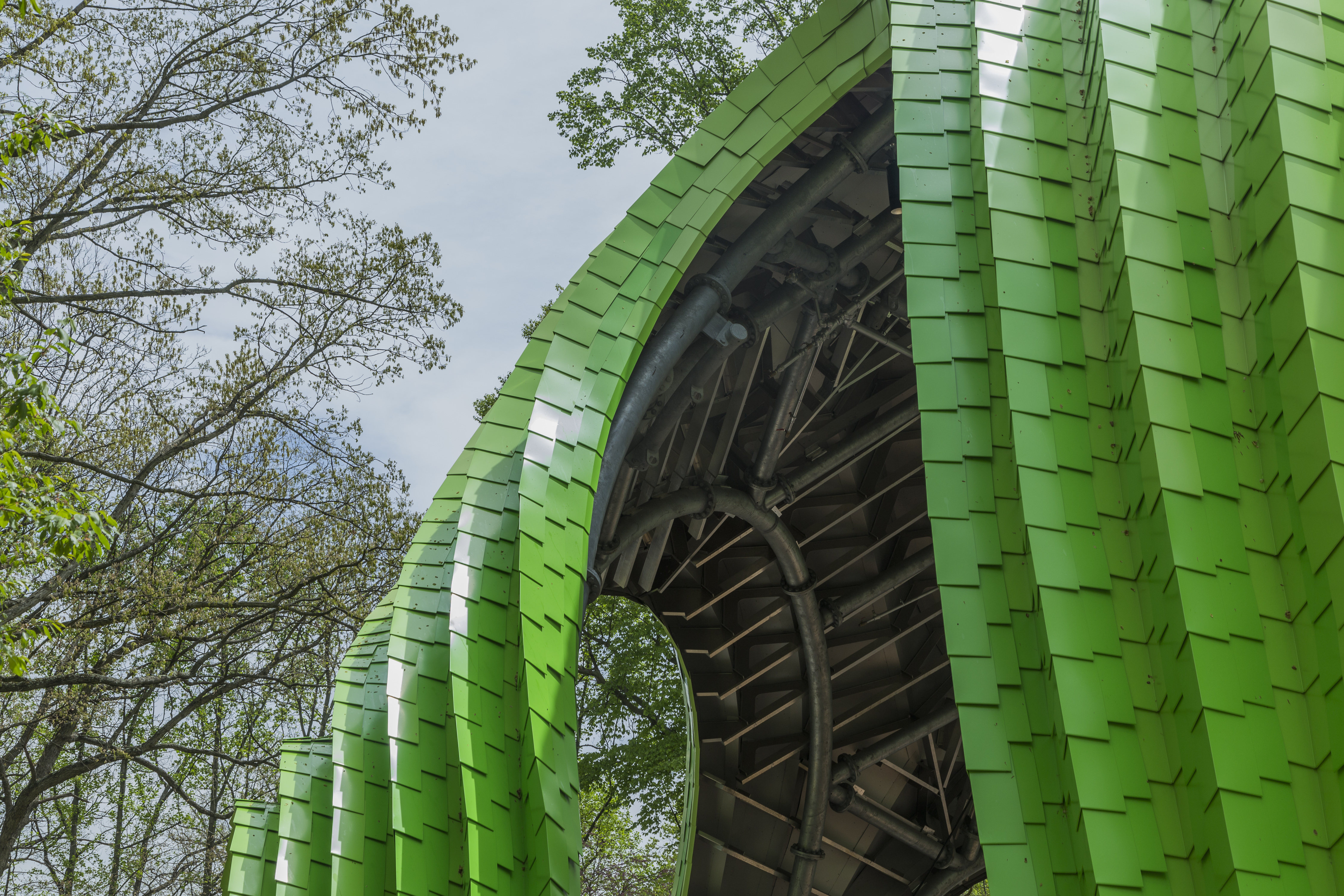 Detail of the painted aluminum shingles and structure of The Chrysalis.