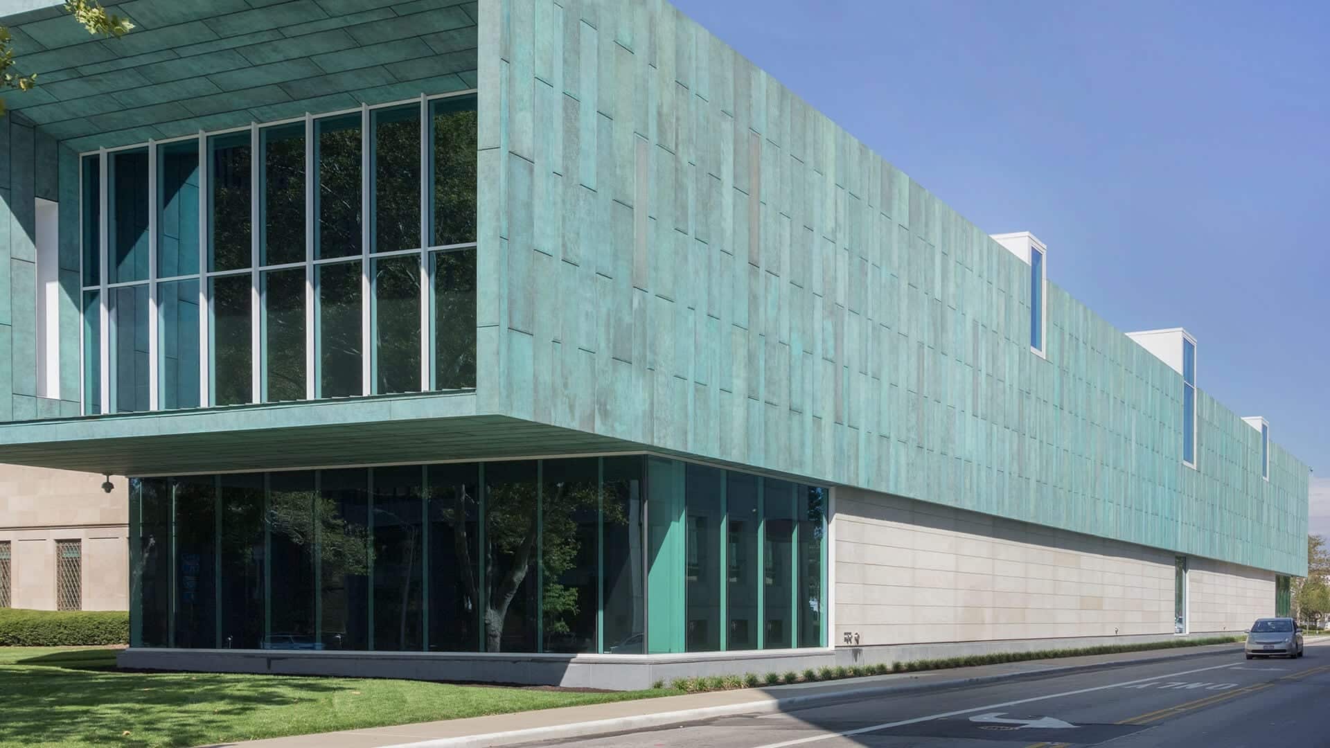 Columbus Museum of Art, East facade, glass, and limestone.