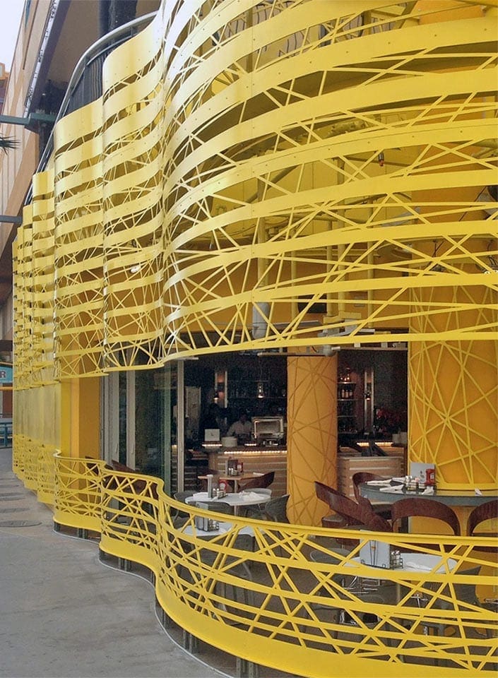 Close-up of the Denny's Flagship metalwork in Las Vegas.