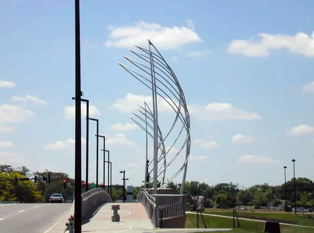 Stainless steel sail towers at the Lewis Street Bridge.