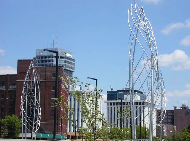 Stainless steel sail towers at the Lewis Street Bridge.