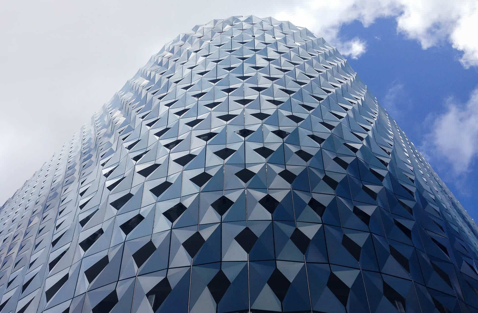 Upward view of the IwamotoScott Facade for the Miami Design District City View Garage.