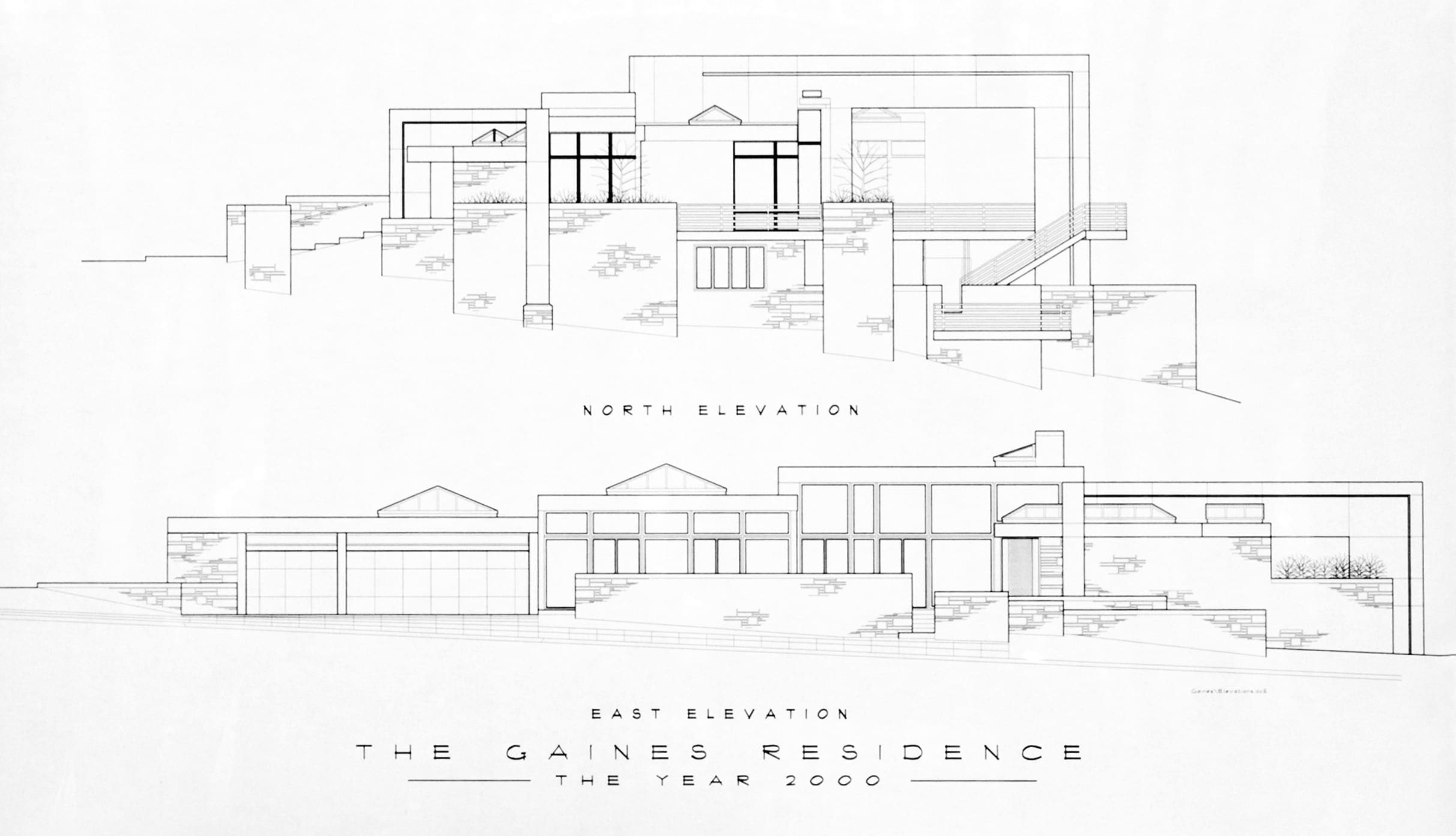 Architect's drawings of the Gaines Residence show north and east elevation