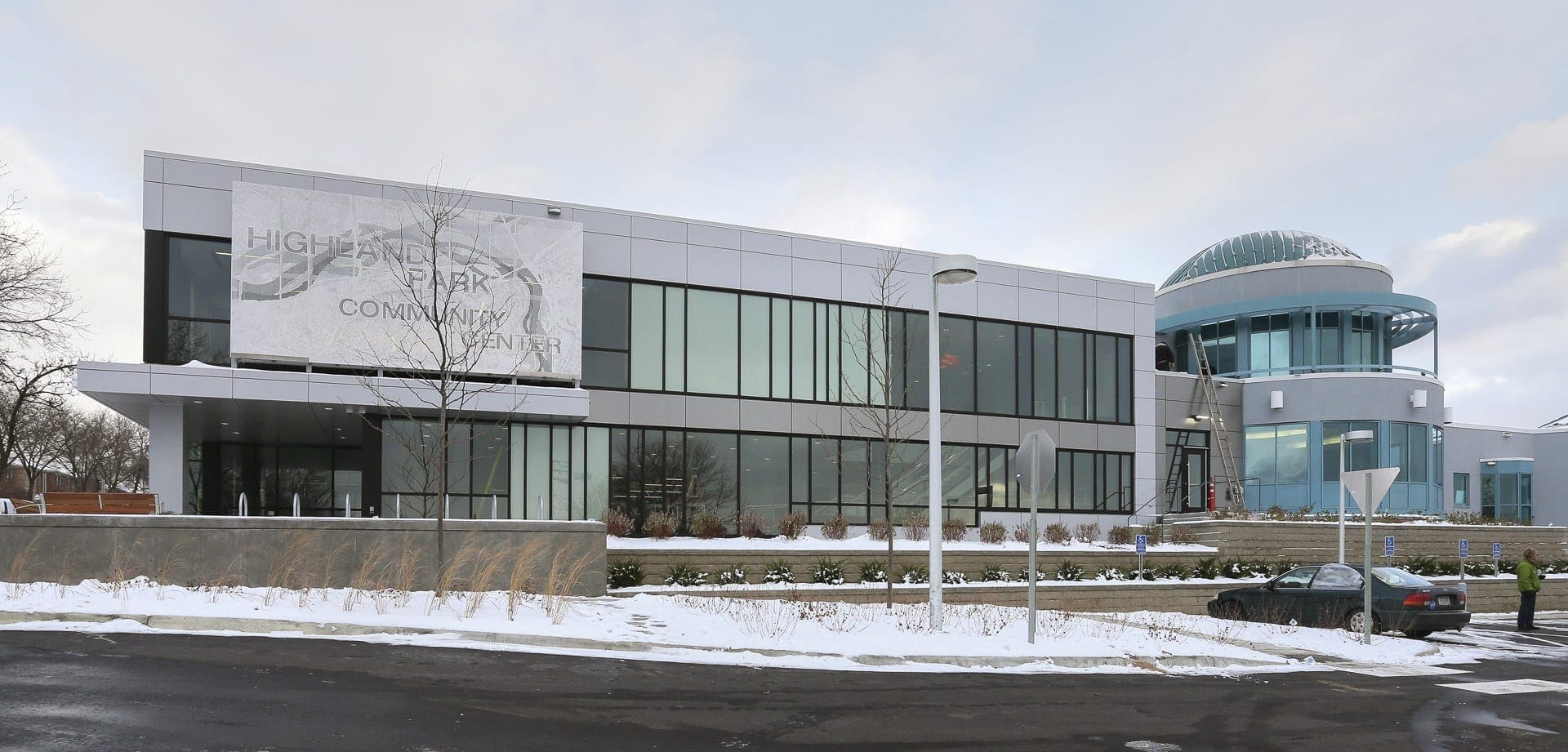 Highland Park Community Center and Library with ImageWall pixel-mosaic generated metal signage.