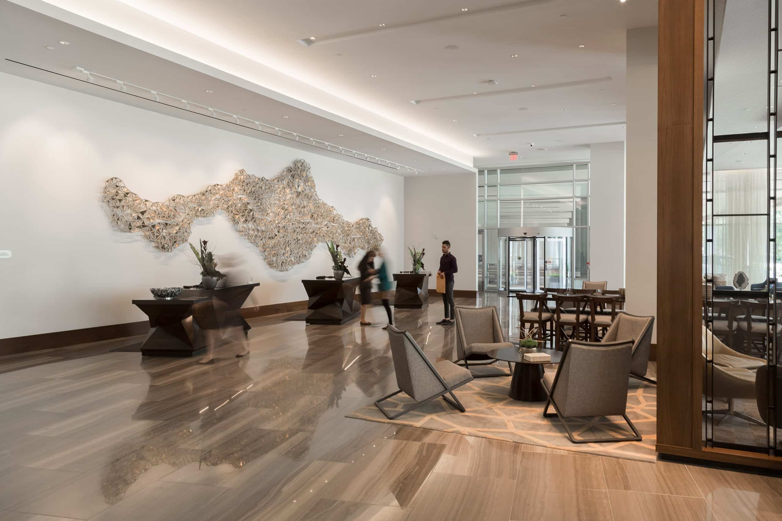 Zahner-manufactured interior screen wall dividers at the Hyatt Regency Hotel in Houston.