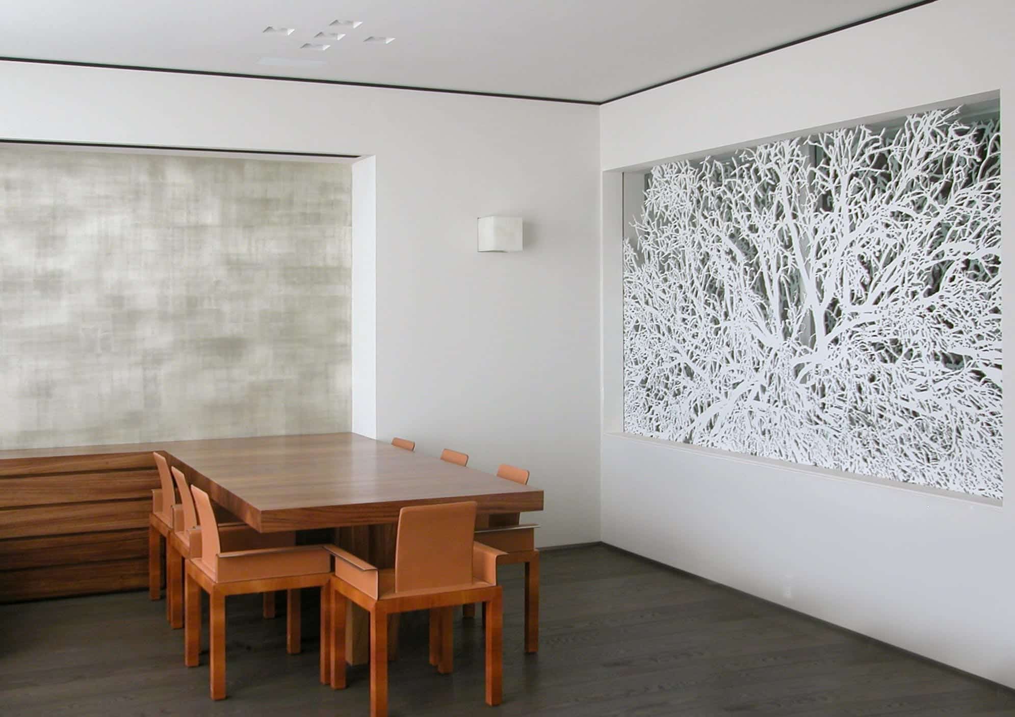 Interior installation of the metal feature wall, completed in New York City.