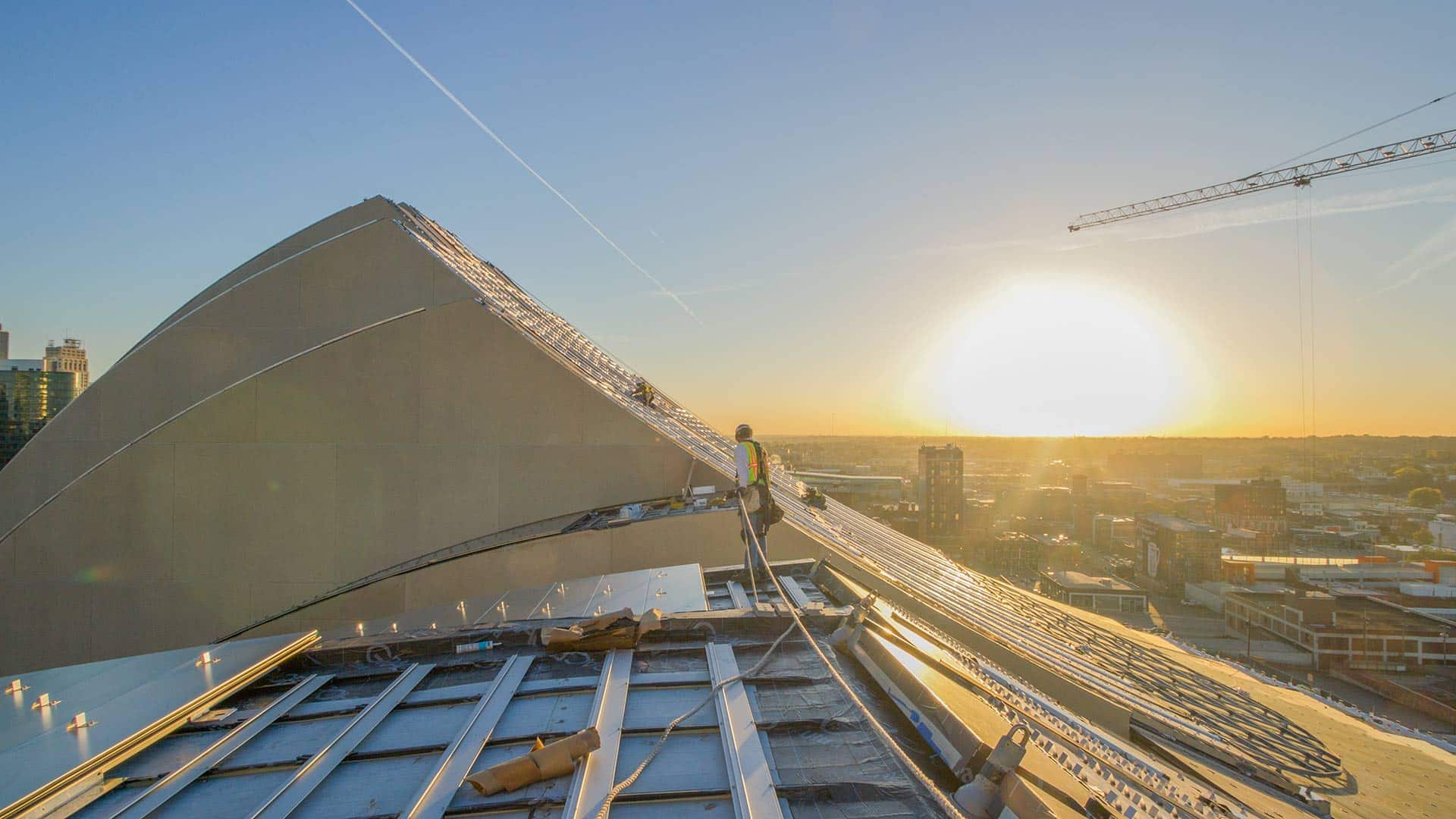 Zahner installers set panels at Kauffman Center.