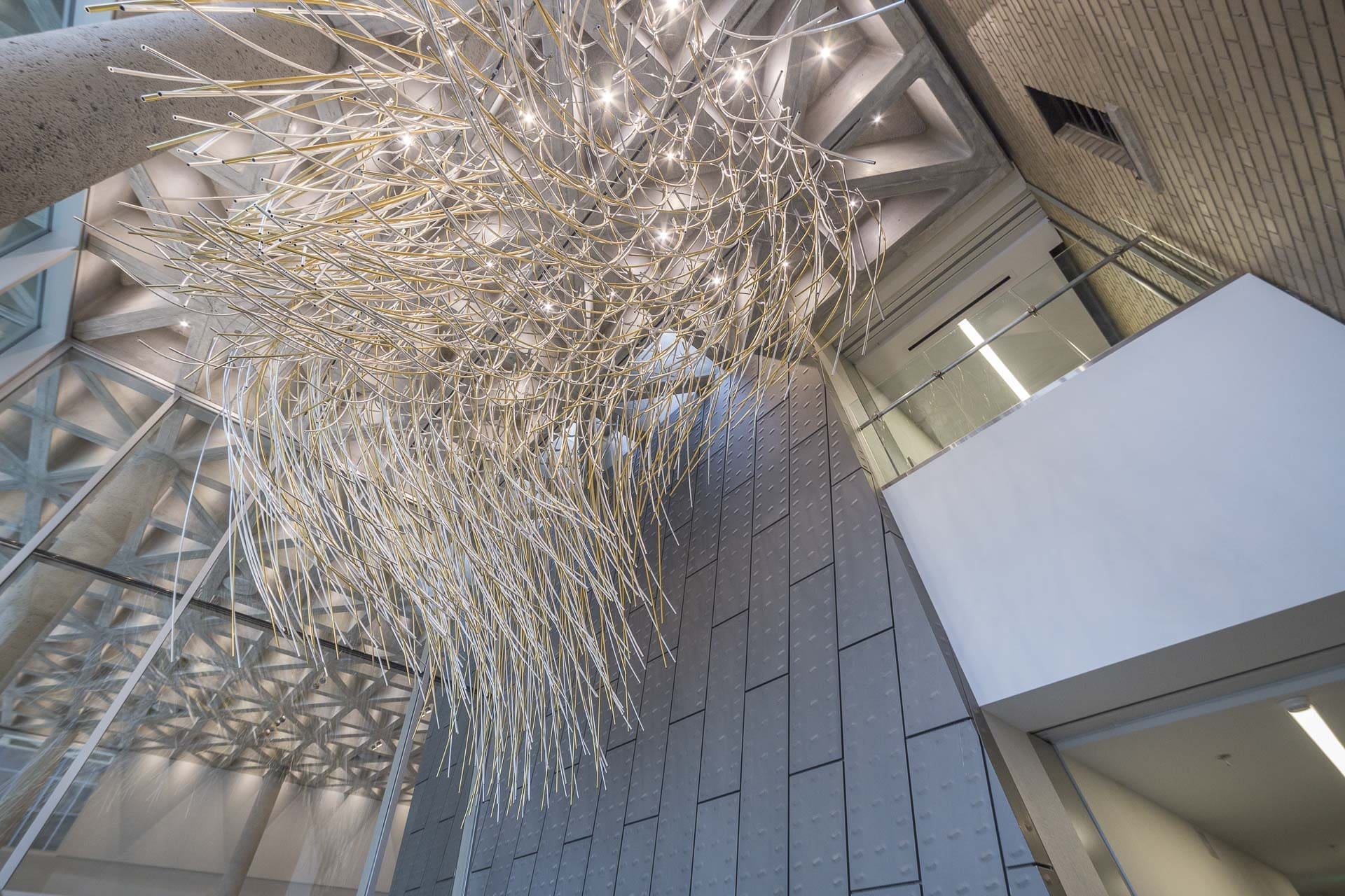 Interior walls with zinc cladding, photographed with the Rob Ley interior sculpture at KCPD Headquarters.