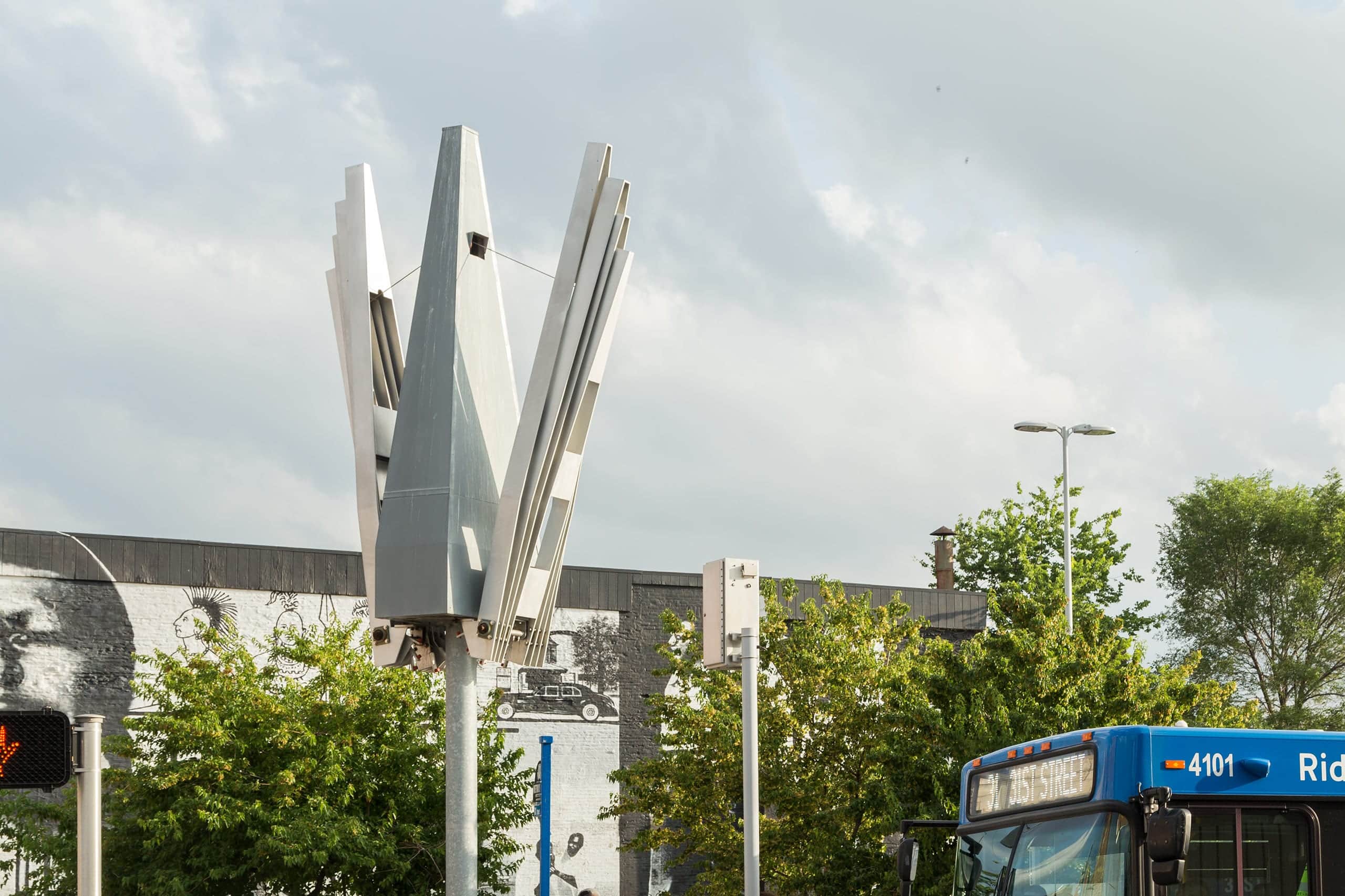 Catalyst sculpture in aluminum, galvanized, stainless steel; custom engineering and fabrication for kinetic sculpture.