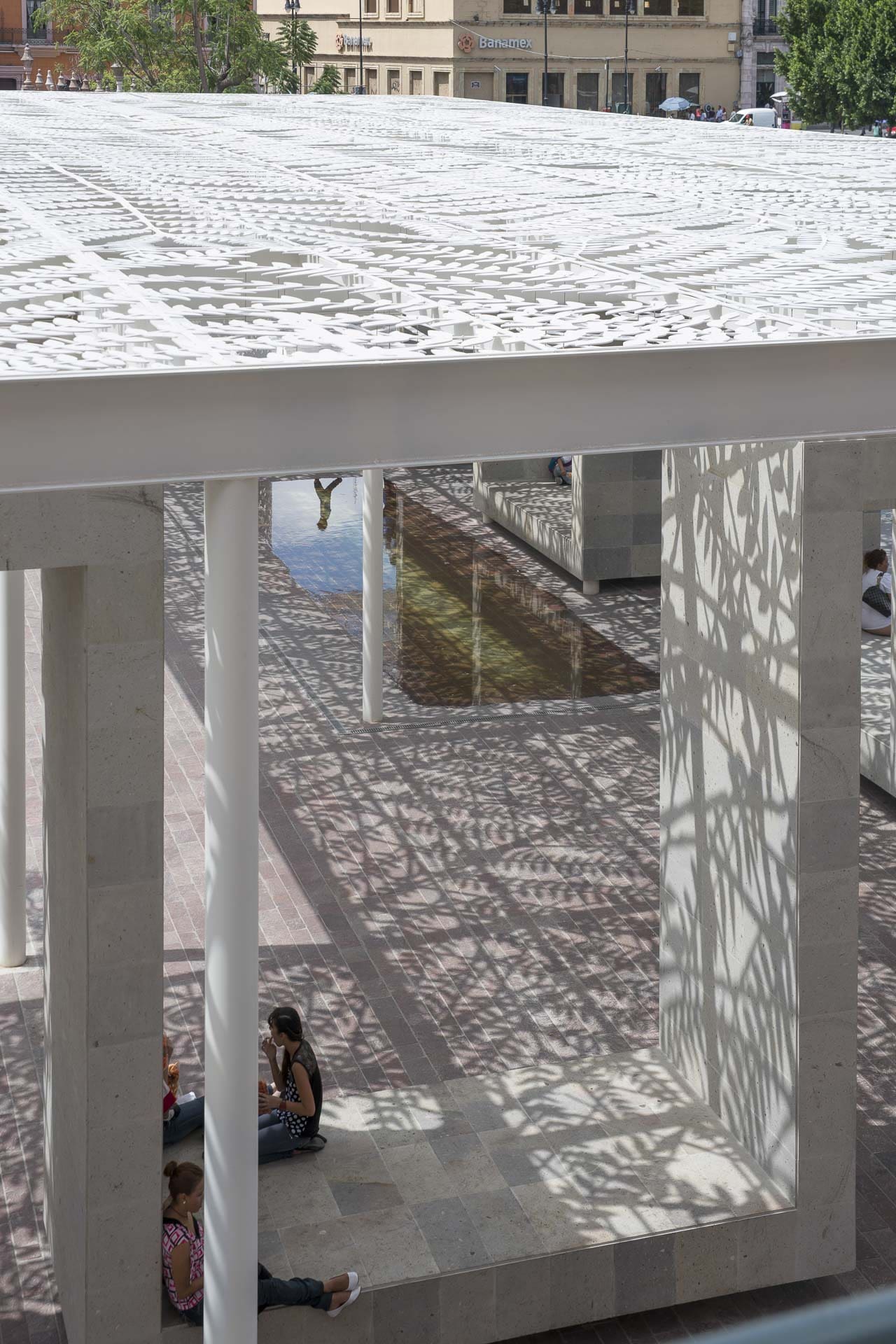 Ground level fountain accents the canopy design at Aguascalientes.