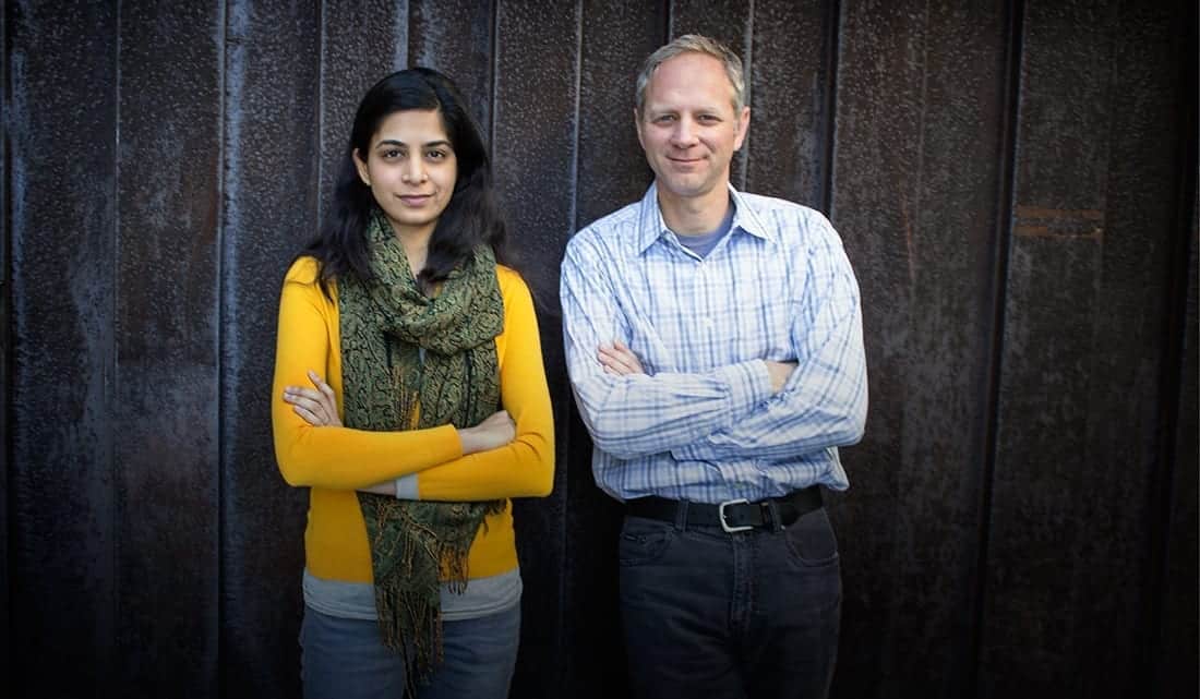 Anitha Burra and Paul Martin in front of the Solanum Steel facade at Zahner HQ.