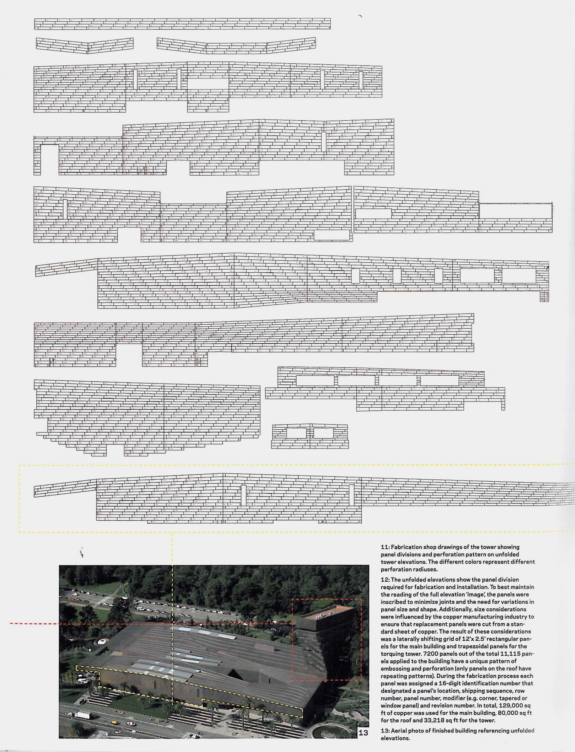 Elevation diagram showing all of the panels for the de Young Museum's dimpled facade.