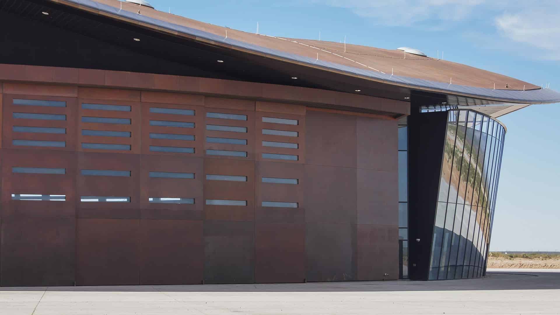 View of the massive Solanum-clad doors on the Spaceport America.