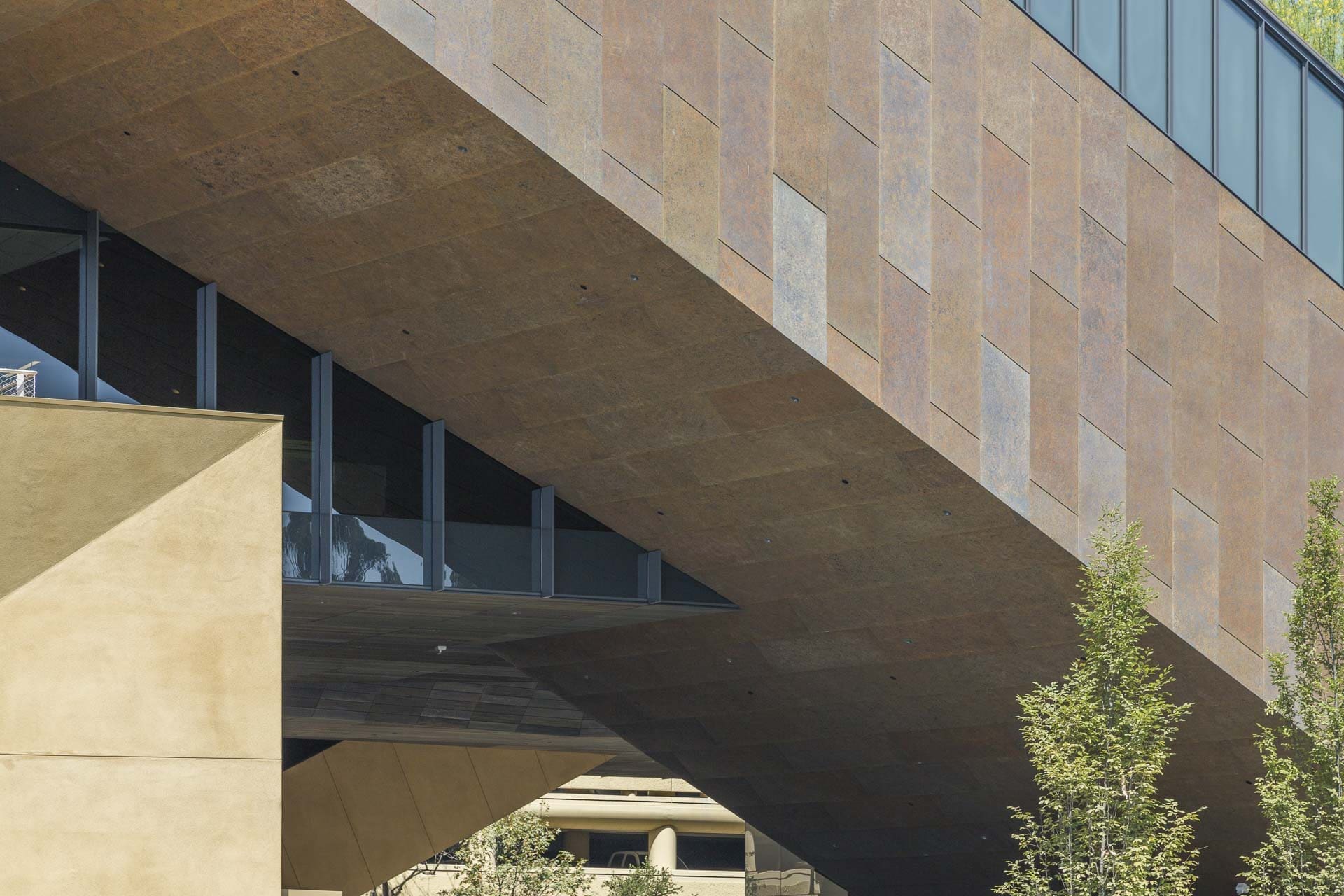 Detail of the corner edge of the zinc facade and soffit.