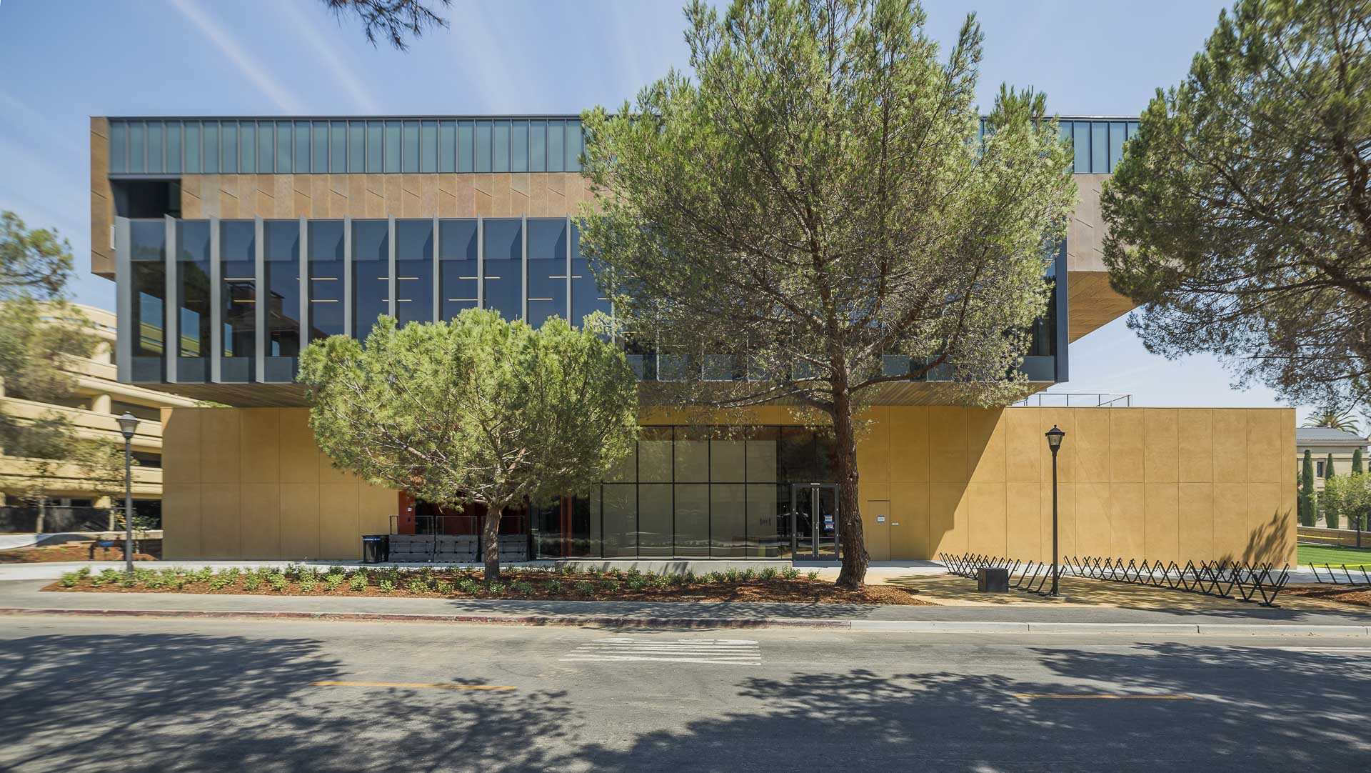 The McMurtry Building's cantilevered forms (zinc panels across the top).