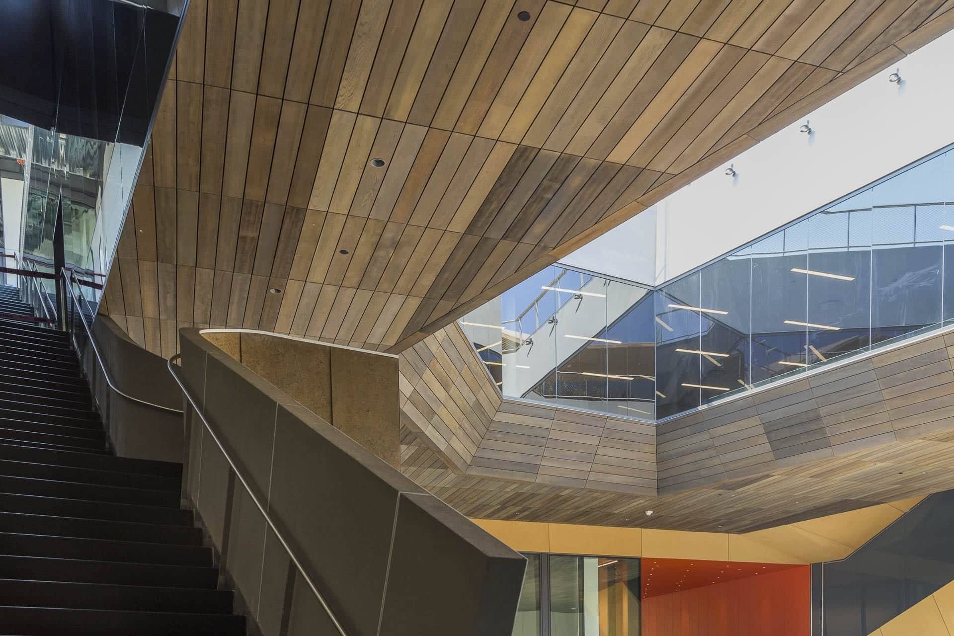 Detail of the custom zinc interior atrium staircase at the McMurtry Building in Stanford, California.
