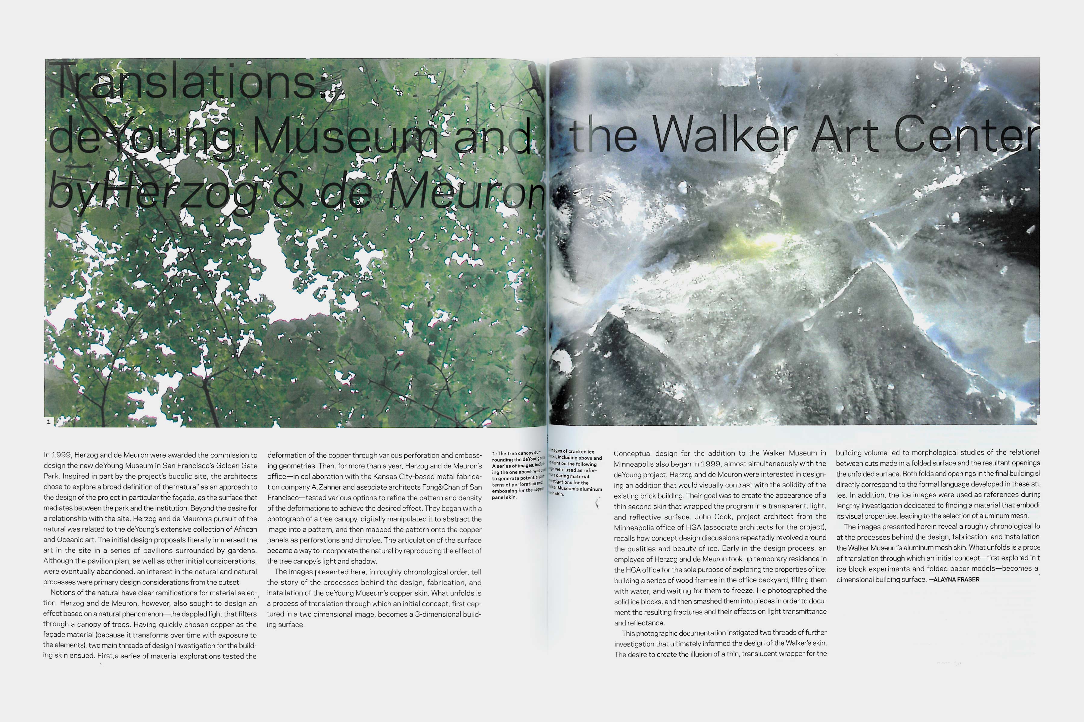 Opening pages of Translation: de Young Museum and the Walker Art Center by Herzog & de Meuron