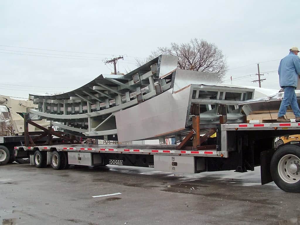 The panels are packed onto delivery trucks to ship to Las Vegas.