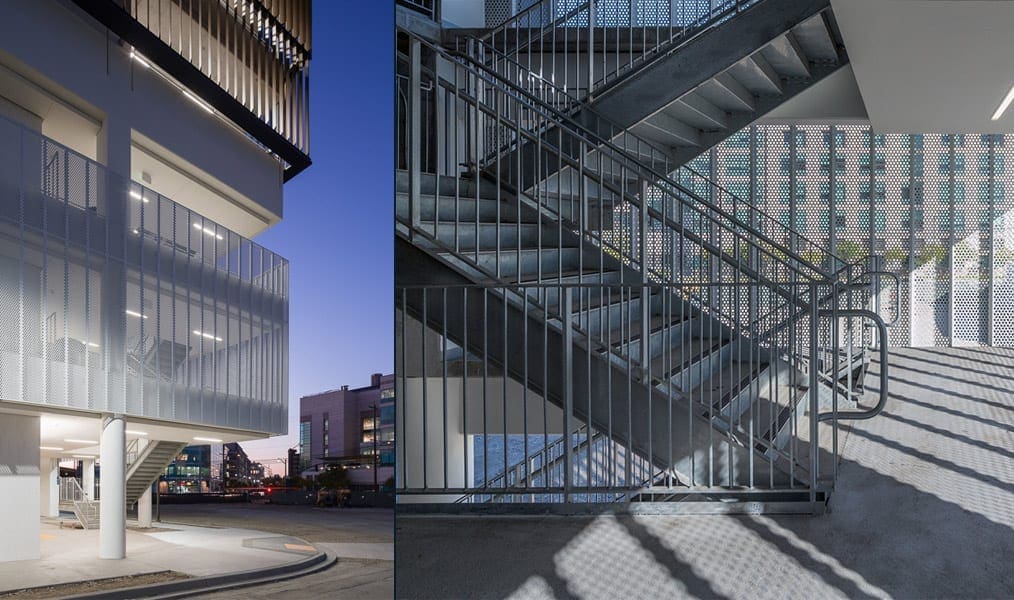 Details of the perforated surface of the UCSF Mission Bay Garage.