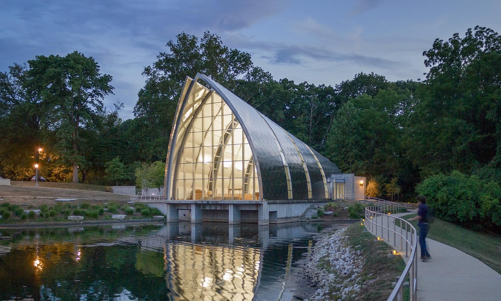 Photograph of White Chapel at dusk on the Rose-Hulman campus.
