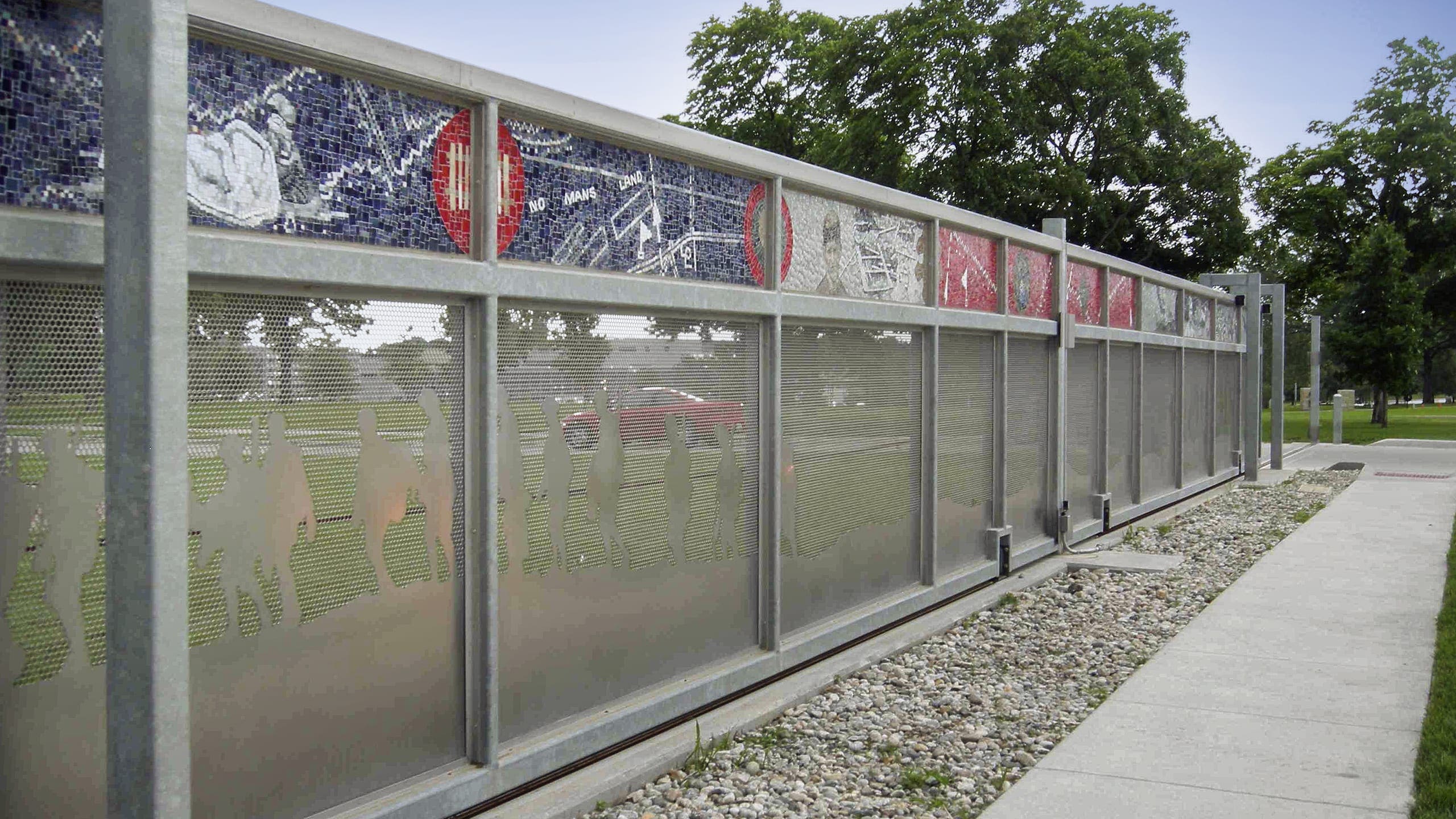 Detail of the metal gate system with ceramic inlay by the artist Ellen Driscoll.