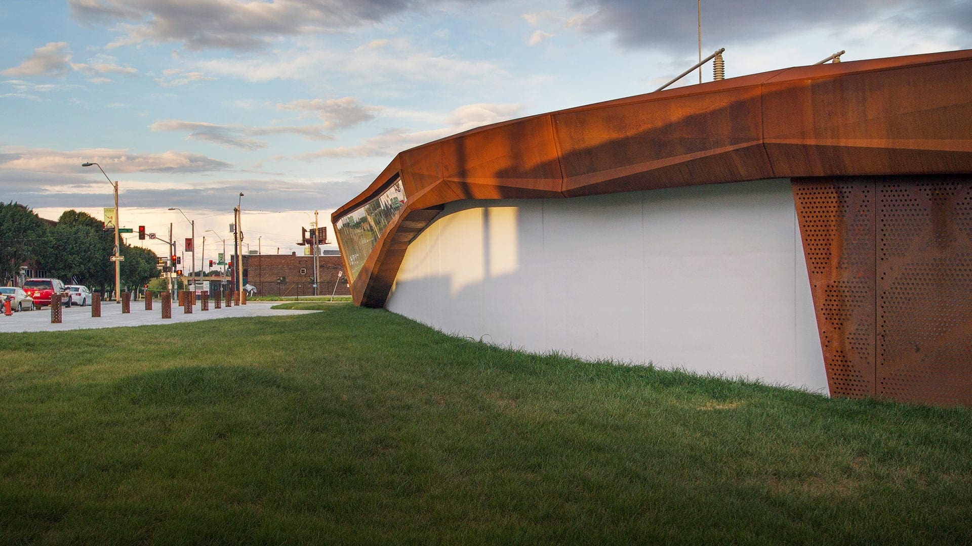 The Crosstown Substation, featuring a prepatinated weathering steel custom wall system.