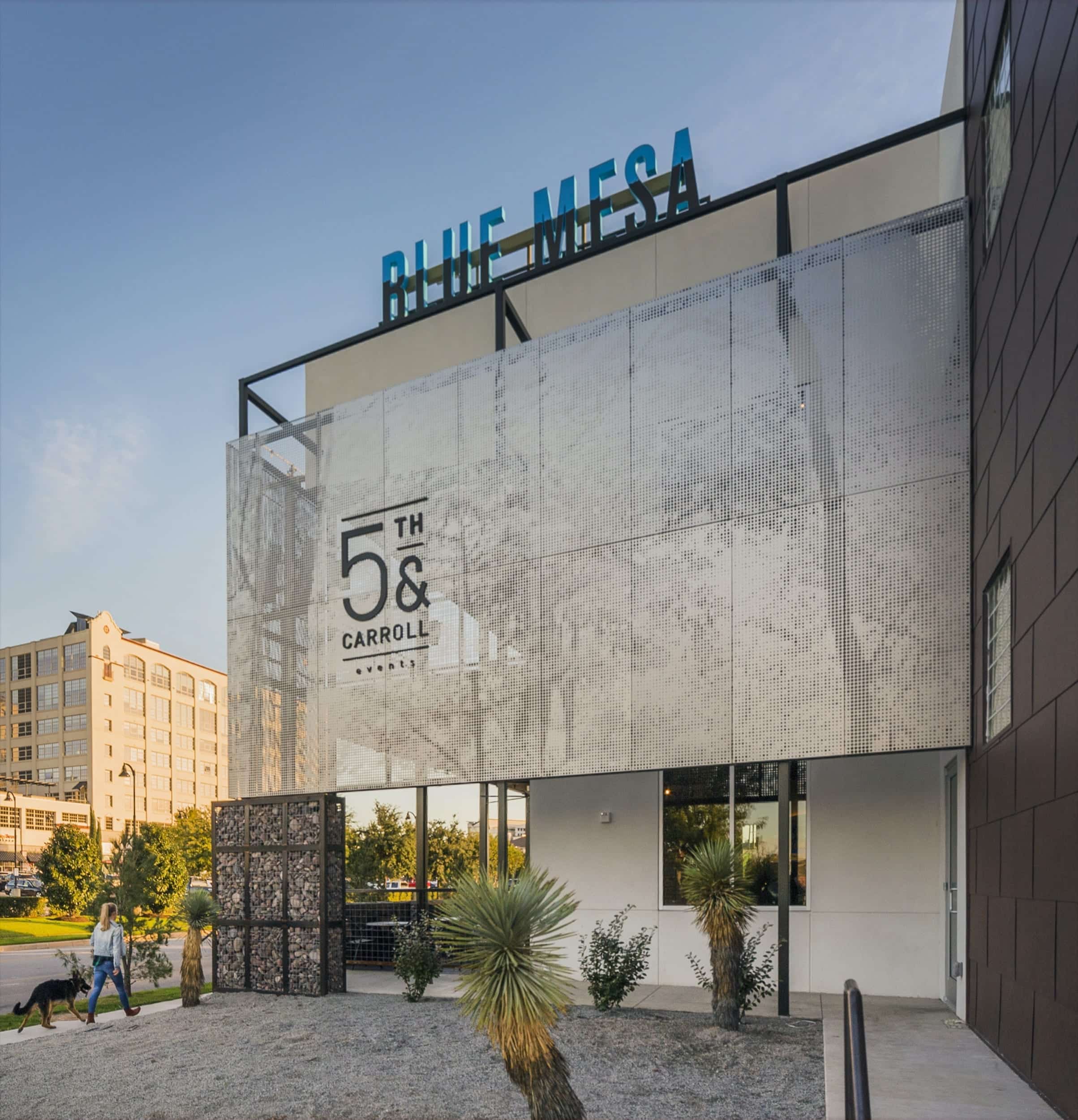 Restaurant facade and ImageWall screen in angel hair stainless steel with imagery of tree branches.