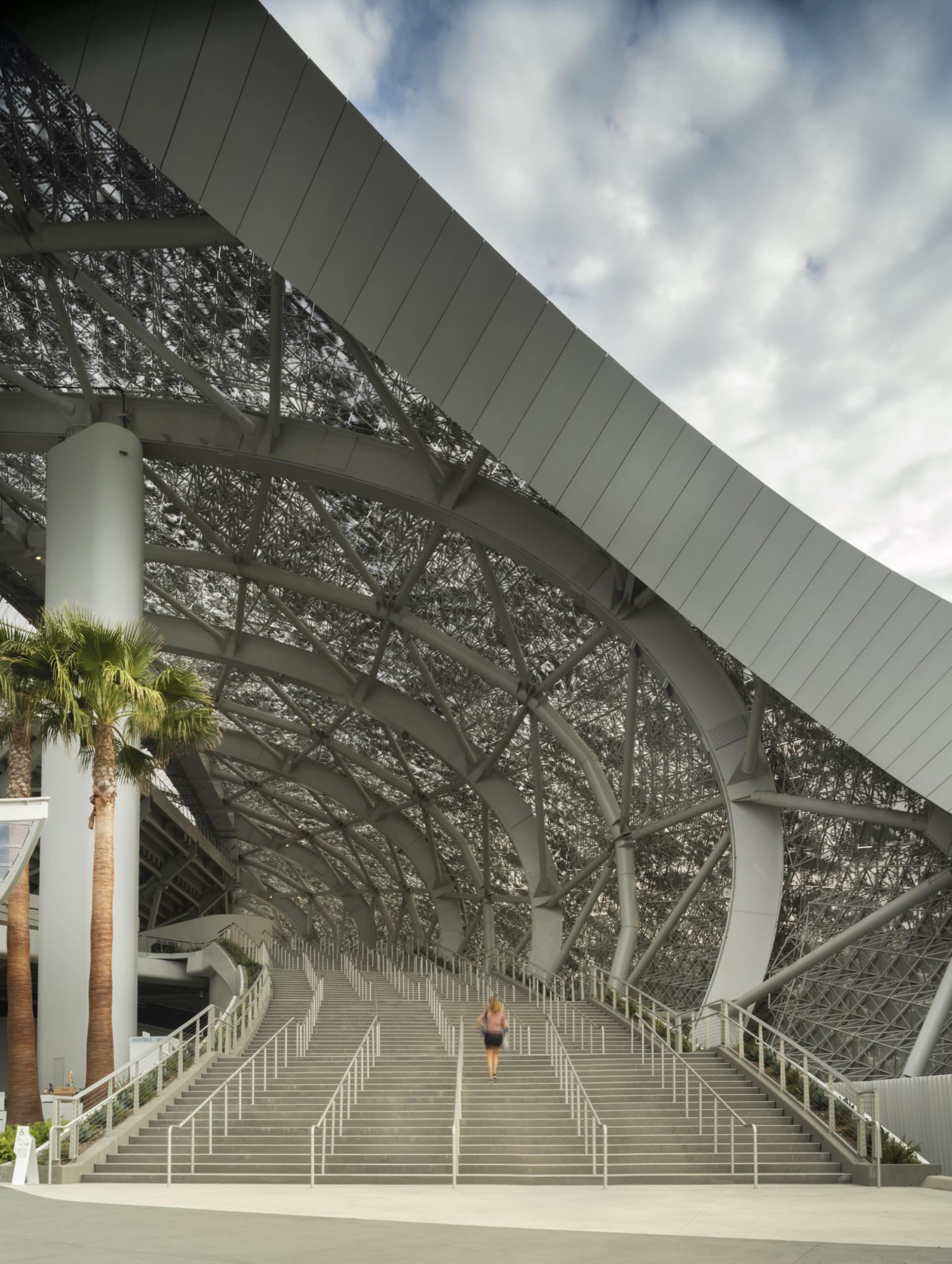 Underside of the support structure that forms the SoFi Stadium canopy.