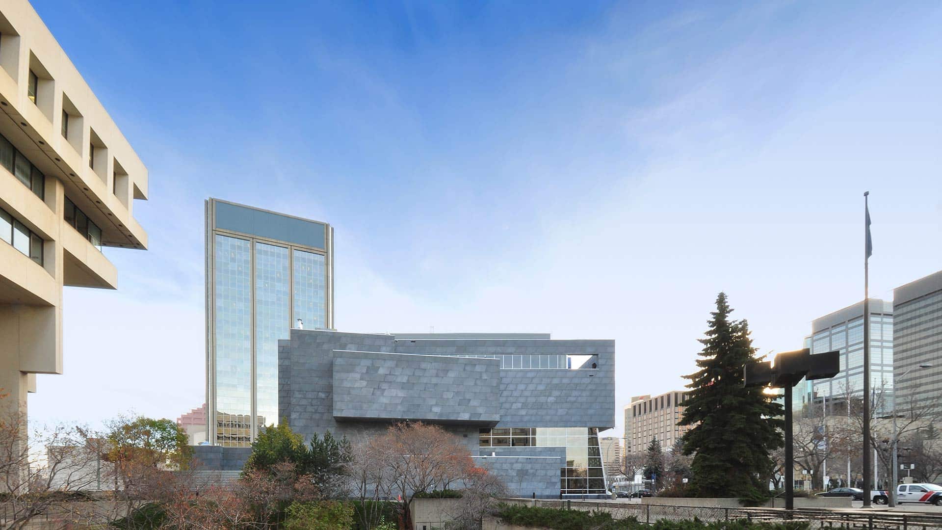 Photo of the Flatseam panels on the Art Gallery of Alberta