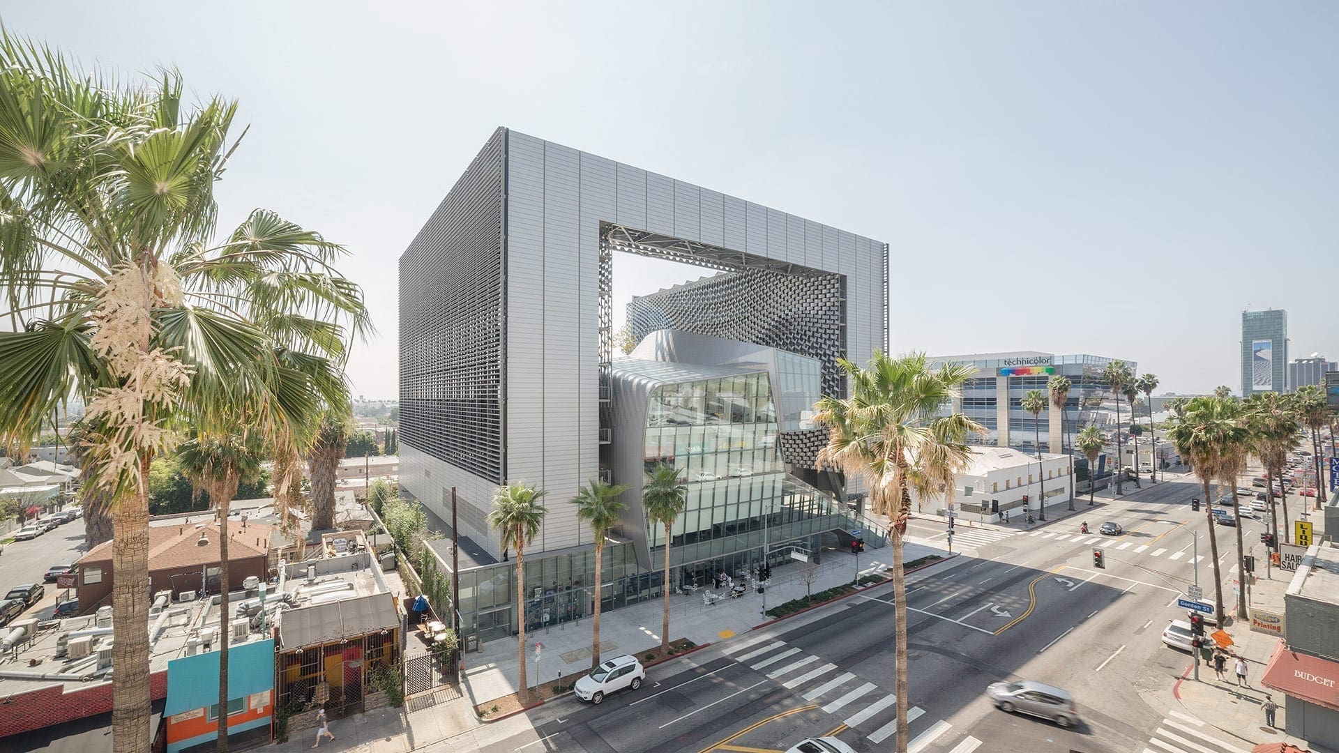 Exterior of Emerson College across Sunset Boulevard.