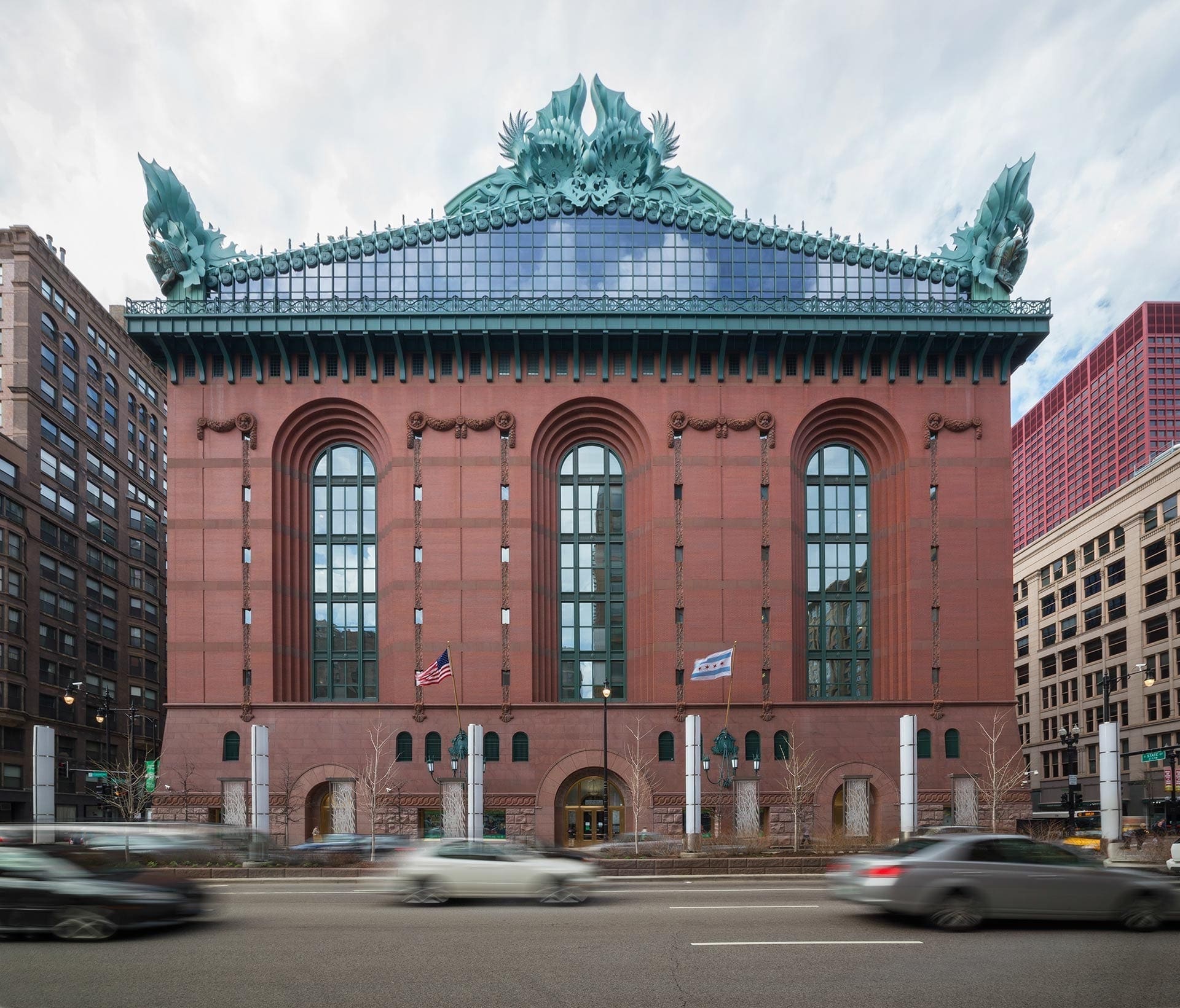 The Harold Washington Library Rooftop Cornice and Art Assemblies, produced by Zahner in Kansas City and shipped to downtown Chicago.